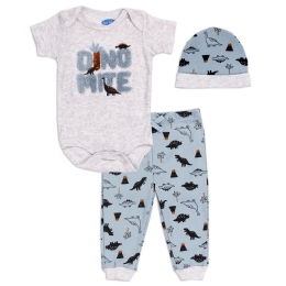 Baby Boy Dino-Mite 3pc Dino Print Set w/ Matching Beanie