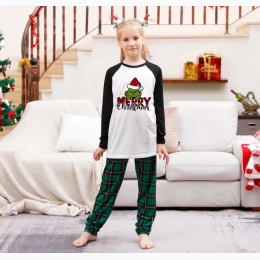 Unisex Kids Santa Grinch Merry Christmas Green Plaid Pajamas Set