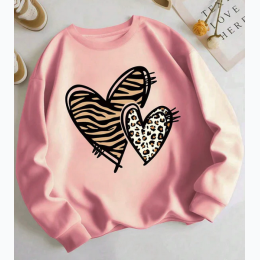 Women's Leopard & Stripe Printed Heart Long Sleeve Sweatshirt In Pink