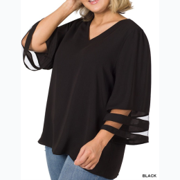 Plus Size Woven Mesh Panel 3/4 Bell Sleeve Top - BLACK - SIZE 1XL