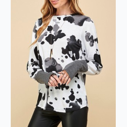 Women's Cow Print Long Sleeve Top With Open Thumb Cuff - 2 Color Options