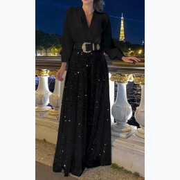 Women's SEQUIN WIDE LEG JUMPSUIT in Black