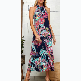 WOMEN'S PAISLEY SLEEVELESS MOCK NECK MAXI DRESS