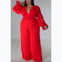 Plus Size V-Neck Lace Trim Jumpsuit - 2 Color Options