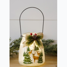 Frosted Glass Luminary with Handle - Deer in Forest