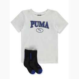 Boy's PUMA Pounce Logo T-Shirt & Sock Set in White - Size 4-7