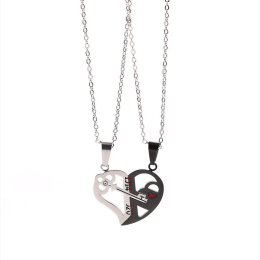 Couple's Key Stitching Heart Pendant Stainless Steel Necklace