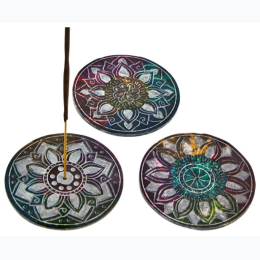 Colorful 3" Round Floral Mandala Soapstone Incense Burner - Style May Vary