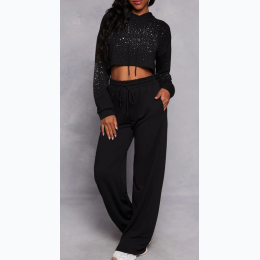 Junior's French Terry Set with Cropped Rhinestone Embellished Top in Black