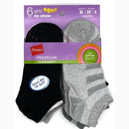 Girls Hanes No Show Socks 6 Pair Pack - Shoe Size 10.5 – 4