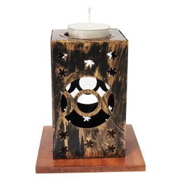 Metal Tea Light Holder w/ Matching Carved Base - Triple Moon - 4"