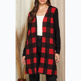 WOMEN'S CHECKER PLAIDED OPEN FRONT DRAPED CARDIGAN - 2 COLOR OPTIONS