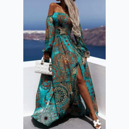 Women's TRIBAL PRINT OFF SHOULDER CORSET SLIT MAXI DRESS