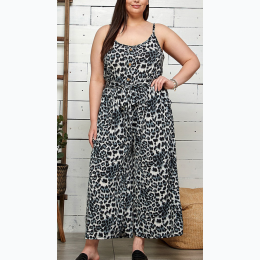 PLUS SIZE ANIMAL PRINT WAIST TIE WIDE-LEG JUMPSUIT - Grey Leopard