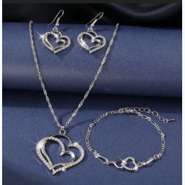 Women's Double Heart Clear Topaz Necklace, Bracelet & Earrings Set