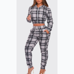 Women's 2PC PLAID Cropped Drawstring Hoodie and Highwaist Jogger - 3 Color Options