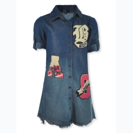 Girl's Button Down Varsity Patch Raw Hem Denim Dress w/ Pink