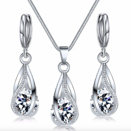 Women's Encased Loose White Zircon Swirl Teardrop  Necklace & Earring Set