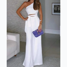 Women's One Shoulder Cutout Tie Waist Wide Leg Jumpsuit in White