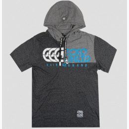 Men's Ecko Unlimited Short Sleeve Hoodie Shirt in Marled Black with Blue and White Lettering