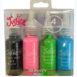 Justice 4 Pack  3D Puffy Fabric Paint - Black, Pink, Blue, Green