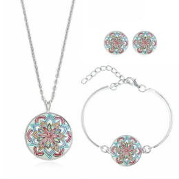 Retro Boho Mandala Cabochon Style 4pc Jewelry Set in Pink/Blue