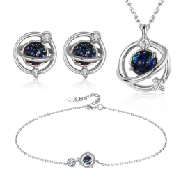 Glazed Galaxy Planet with Clear Rhinestone 4pc Jewelry Set in Silver