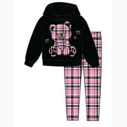 GIRLS PINK Plaid Teddy Bear Hooded Fleece Plaid Legging - Black & Pink