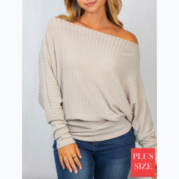 Plus Size Long Sleeve Solid Knit Top In Natural