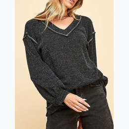 Women's Knit Solid Long Sleeve Loose Wide Neck Top - 3 Color Options