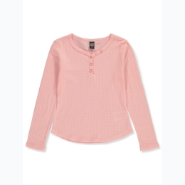 Girl's Star Ride Pointelle Faux Button Y-Neck Top in Blush