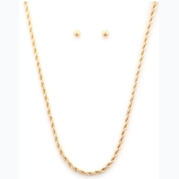 Gold Tone Rope Necklace & Stud Earring Set