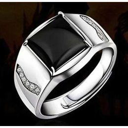 Men's Black Agate Four Prong Set Adjustable Ring in Silver