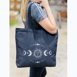 Sun & Moon Phases Zippered Canvas Tote Bag in Black