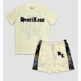 Men's Heartless Tapestry Detail Short Set - CREAM - SIZE S