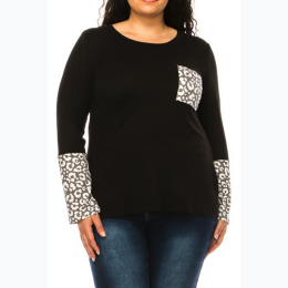 Plus Size Top with Animal Print Accent Pocket and Sleeve - 2 Color Options