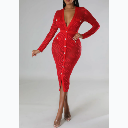 Junior's Mesh Button Detail Dress in Red