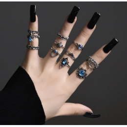 Women's Vintage Blue Gemstone Flower Heart Design 13pc Midi Ring Set