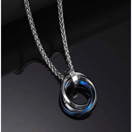 Men's Titanium Steel Triple Ring Pendant Necklace w/ Blue