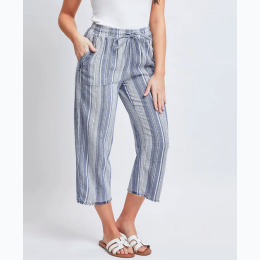 Women's Linen Blend Capri Pant With Frayed Pocket and Hem - Navy Stripe
