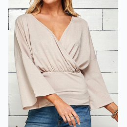 Plus Size Wide Bell Sleeves Ruched Waist Top - 3 Color Options