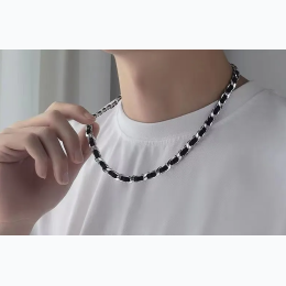 Men's Chain Link & Leather Entwined Clavicle Necklace