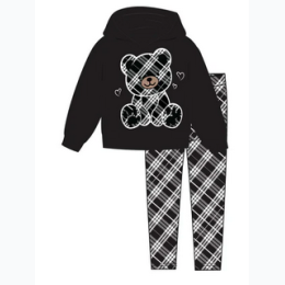 GIRLS PINK Plaid Teddy Bear Hooded Fleece Plaid Legging - Black & White