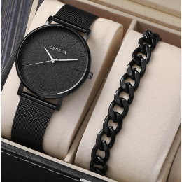 Men's Geneva Mesh Alloy Watch & Bracelet Set in All Black