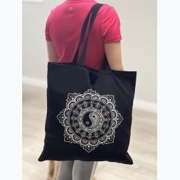 Black & White Ying Yang Lotus Mandala Cotton Tote Bag - 18"x18"