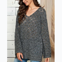 Plus Size Solid Color Knit V Neck Bell Sleeve Top in Charcoal