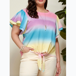 PLUS OMBRE RUFFLE FLUTTER SLEEVE TOP w FRONT TIE