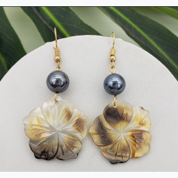 Hibiscus Flower Natural Black Shell Abalone Drop Earrings