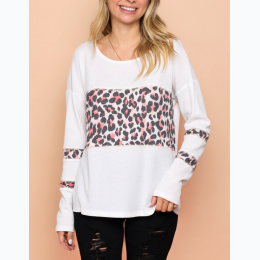 Women's Thermo Top with Leopard Print Contrast - Ivory