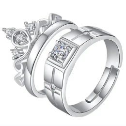 Couples Crown or Cross-Hatch Design Rhinestone Adjustable Ring - 2 Style Options